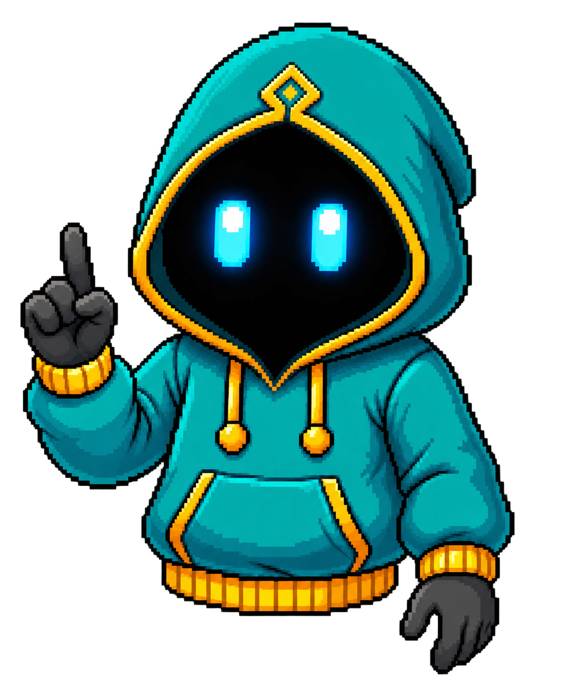 JIJAQ, un mago extraterrestre con sudadera turquesa y ribetes dorados, capucha sin rostro y ojos rectangulares de luz cian, levantando el dedo índice como quien va a hacer una pregunta.