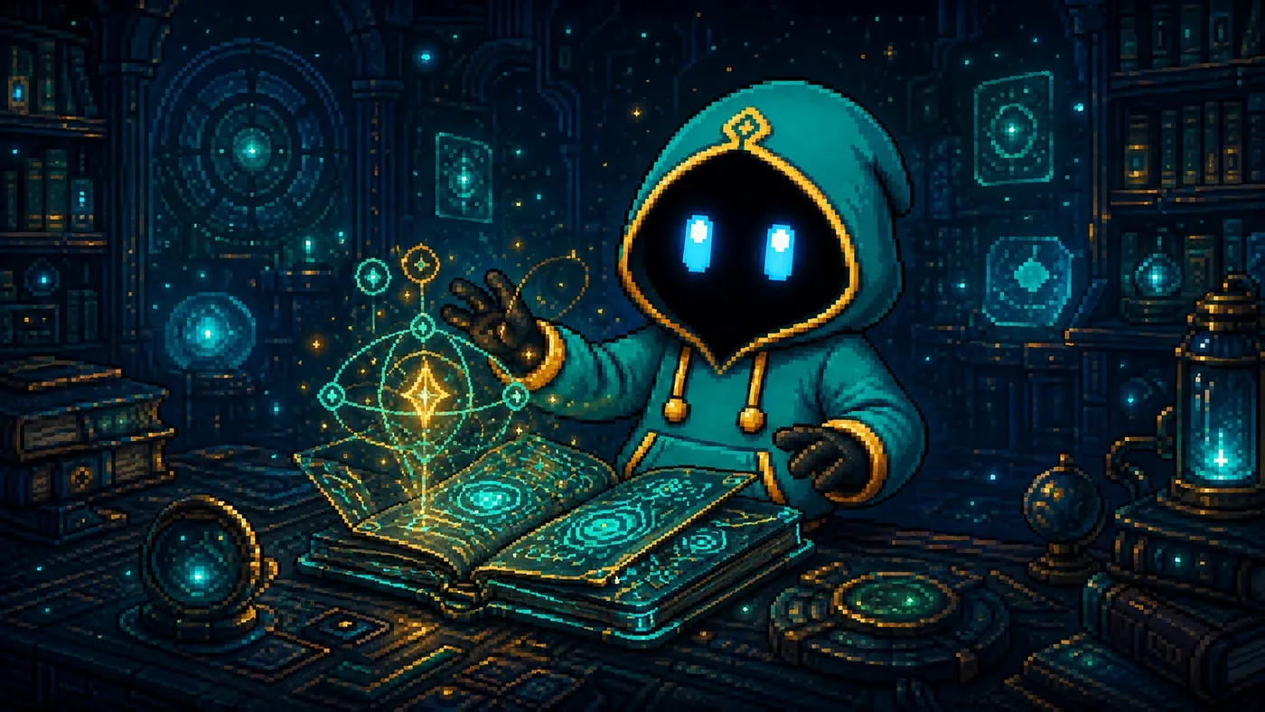 JIJAQ practica en su mundo natal con un grimorio extraterrestre abierto, cubierto de escritura alienígena y símbolos encantados que flotan como proyecciones.